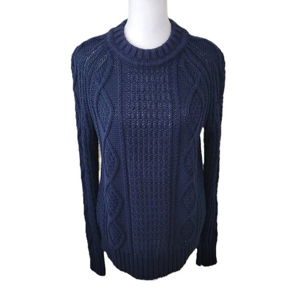J. Crew Navy Cable Knit Sweater Chunky Fisherman Cotton Crewneck Women's Size XS - Picture 1 of 14
